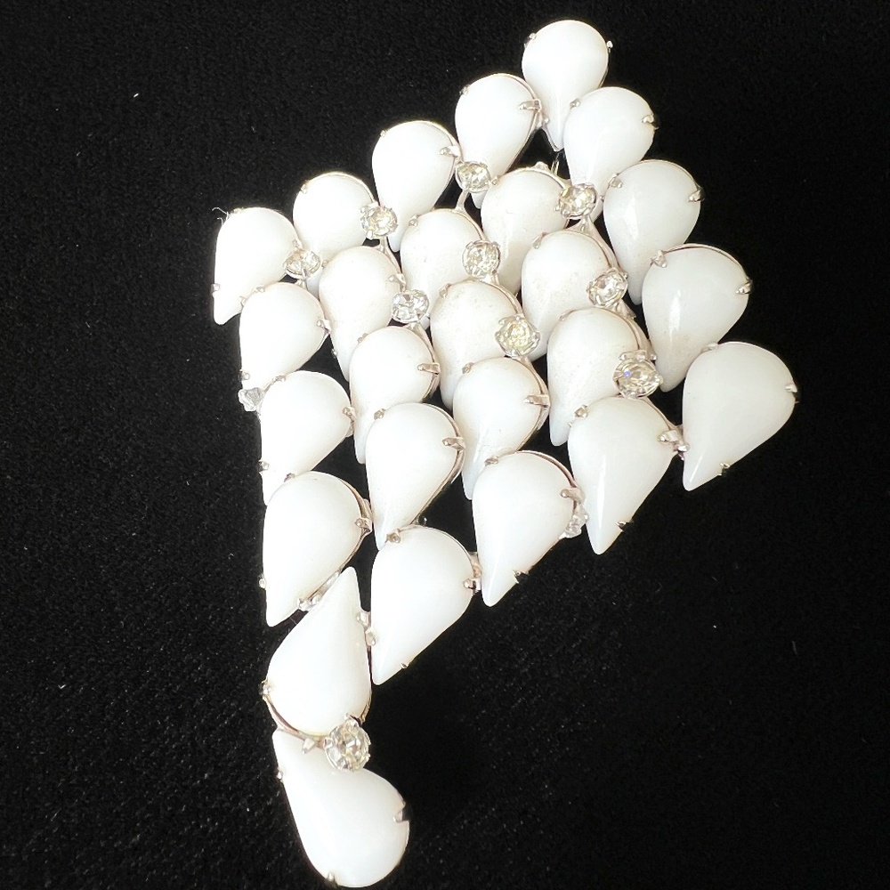 SOLD! Vtg Kramer of New York Brooch – White Milk Glass & Rhinestones Mid Century